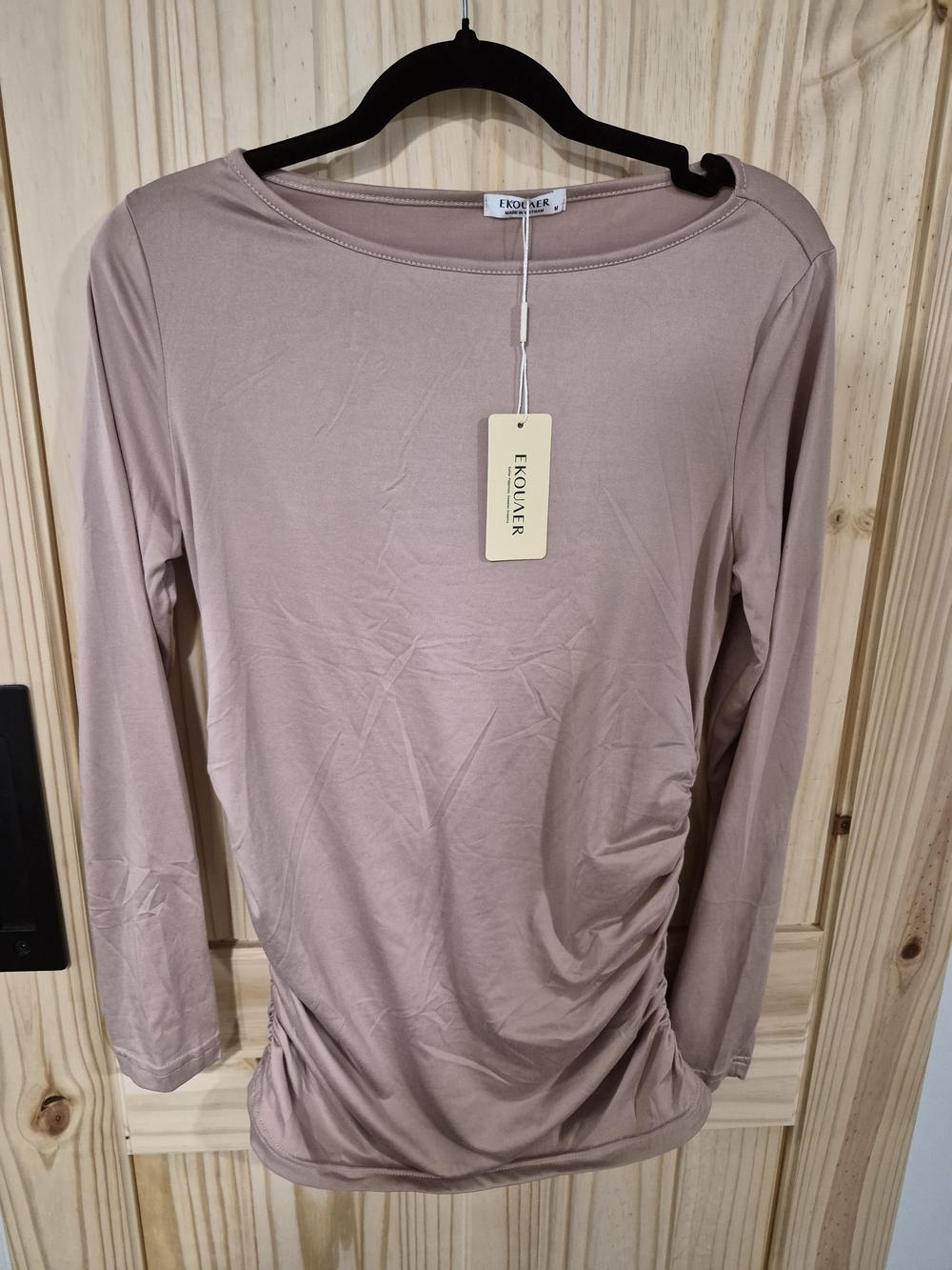 EKOAER Women's Long Sleeve Ruched Boatneck Top in Dusty Rose